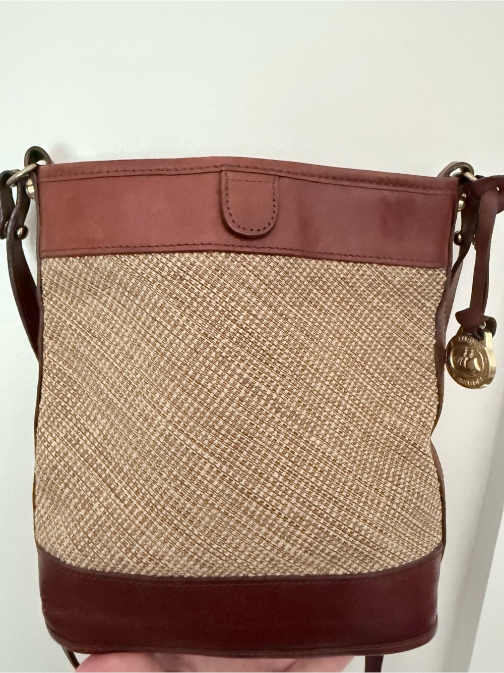 Vintage Brahmin Harbor Collection Tan Straw Crossbody with Brown Leather Trim